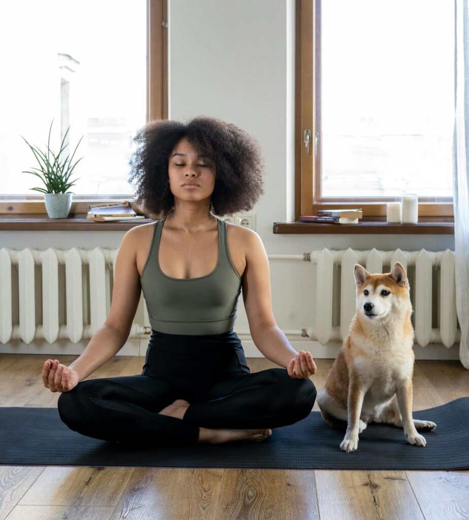 At-Home Workouts Beside her Dog