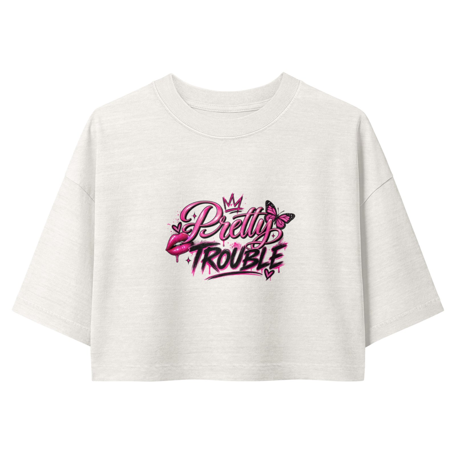 Pretty Trouble Women’s Garment Dye White Cropped Tee