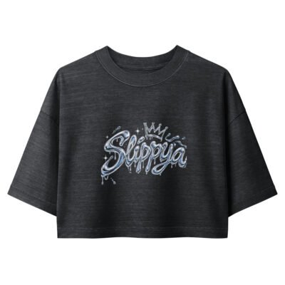 Slippya Women’s Garment Dye Vintage Black Cropped Tee – Trendy Casual Graphic Shirt