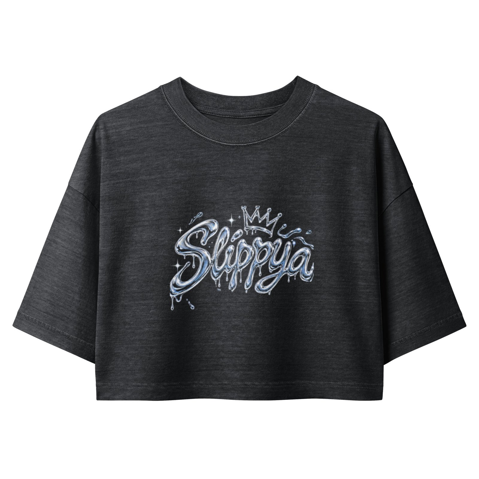 Slippya Women’s Garment Dye Vintage Black Cropped Tee – Trendy Casual Graphic Shirt